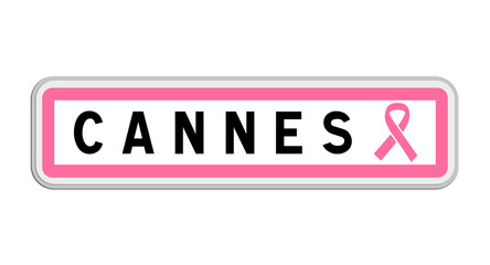 Panneau de sortie de Cannes, Alpes-Maritimes, Provence-Alpes-Côte d'Azur avec Ruban Octobre Rose