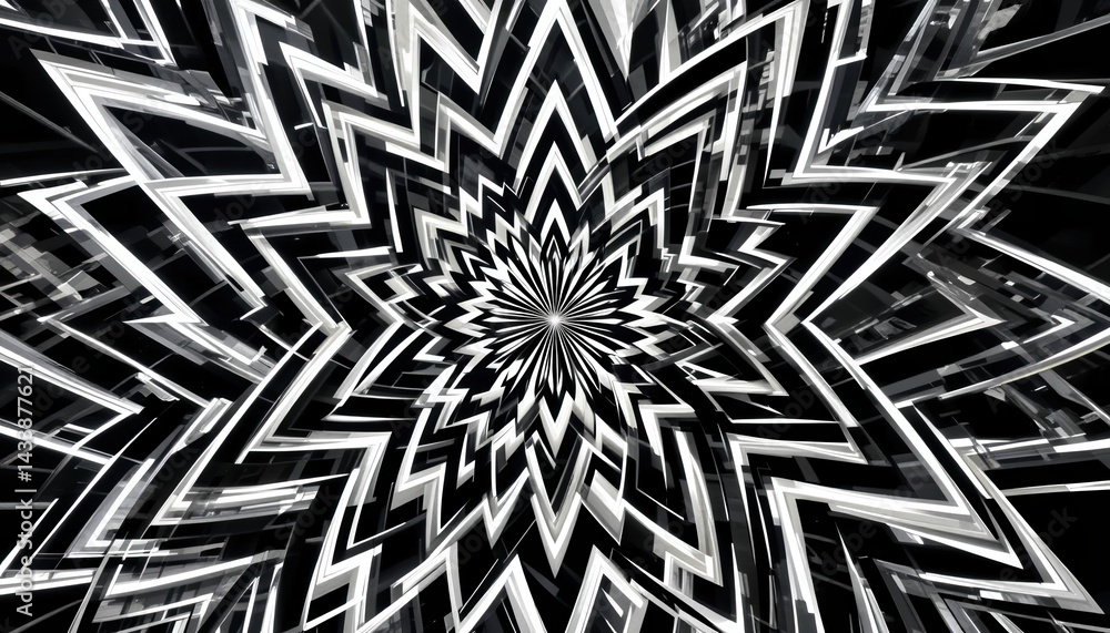 Poster dynamic geometric patterns emanating from the center abstract space digital art high-contrast enviro