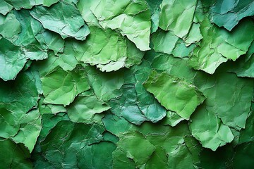 Abstract background of green crumpled paper pieces creating a textured surface