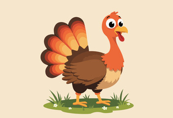 Cartoon Turkey with Colorful Feathers on Grass
