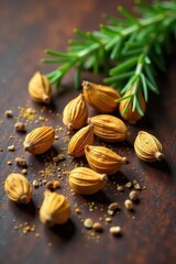 Scattered cardamom pods, rosemary sprigs on rich brown surface, still life, background