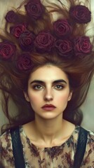 Woman with roses in her hair lying on a light background, showcasing a unique and artistic hairstyle