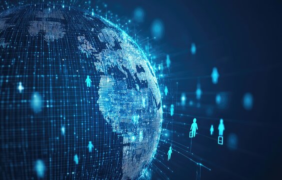 Global network connection, digital earth with data streams and human icons - Powered by Adobe