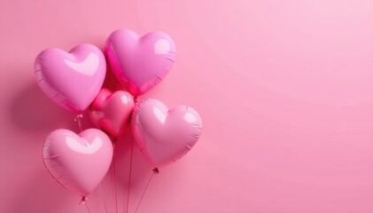 Several pink heart-shaped balloons against a matching pink background , shot, romance