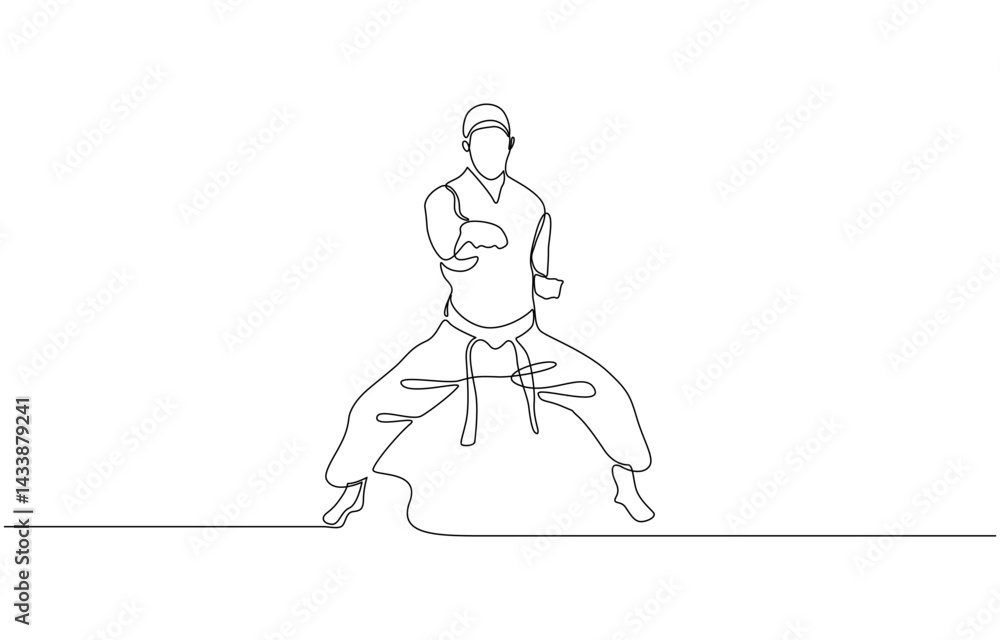 Poster one continuous line drawing karate fighter in kimono practicing karate kick combat, single line draw