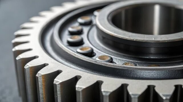 Metal gear with ball bearing close up for industrial machinery maintenance and service in oil and gas industry equipment parts