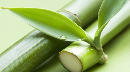 Fresh Green Bamboo Stem with Leaves and Water Droplet on Surface
