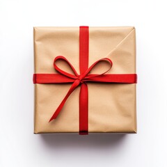 Gift Box Wrapped in Brown Paper with Red Ribbon