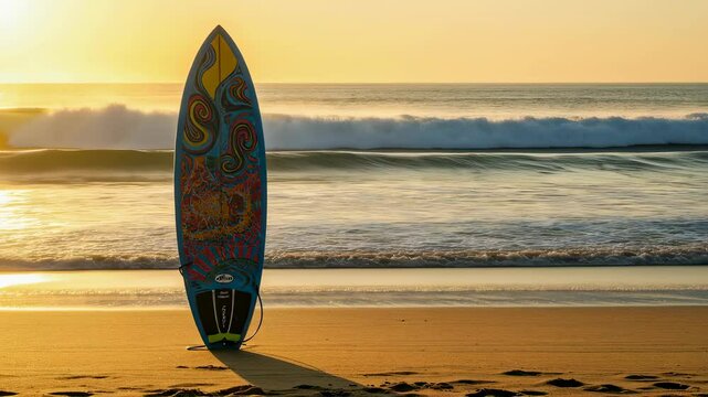 Surfboard on beach during sunset. Vividly designed surfboard standing on sandy shore with ocean waves in background. Summer holiday trip concept motion graphic for travel inspiration and sports.