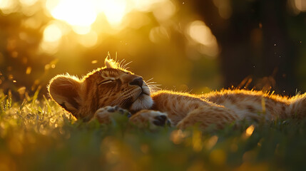 Young Lion Cub Relaxing in Green Grass Under Warm Golden Sunlight during Day Time