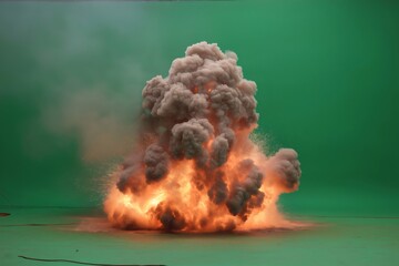 Dynamic explosion effect with flames and smoke billowing upwards, creating a mushroom cloud against a chroma key green screen background, ideal for visual effects and compositing