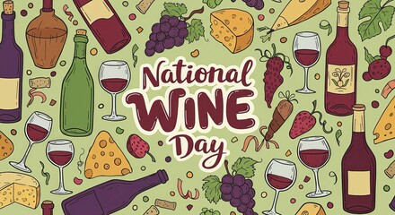 Celebrating National Wine Day with grapes, cheese, and wine bottles illustration for greeting card, banner, poster, flyer, advertising design or congratulations