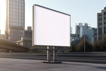 Fototapeta premium Large blank billboard standing next to a road in an urban environment, ready for advertisement at sunrise