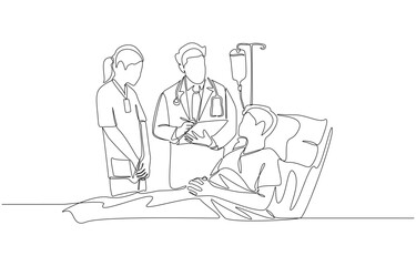 Continuous one line drawing of doctor and nurse attending to patient lying on hospital bed, medical consultation in hospital room concept, single line art