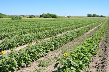Sunflowers in rows on a large field under a clear blue sky  Rows of young sunflower plants stretch across the landscape, indicating a large agricultural operation  Well-maintained furrows 
