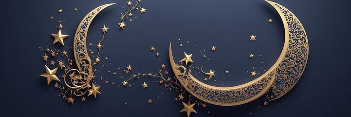 Naklejka premium Refined 2D Minimalist Background in Deep Blue Hues Featuring Soft Light Effects Elegant Islamic Motifs Gold Accents Hanging Crescent Moons and Subtle Starry Details for a Warm and Spiritual Atmosphere