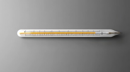 Close up view of a white glass thermometer with a yellow indicator on a gray background. The thermometer is lying horizontally, showing a specific temperature reading. 