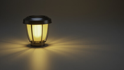 solar powered lantern emits warm, inviting glow, casting soft light patterns on smooth surface. lantern design is simple yet elegant, perfect for outdoor ambiance
