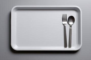 Fork, knife, and spoon resting on an empty white food tray, suggesting a restaurant setting prepared for meal service