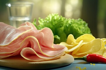 Thinly sliced deli meat, potato chips, lettuce, and chili pepper