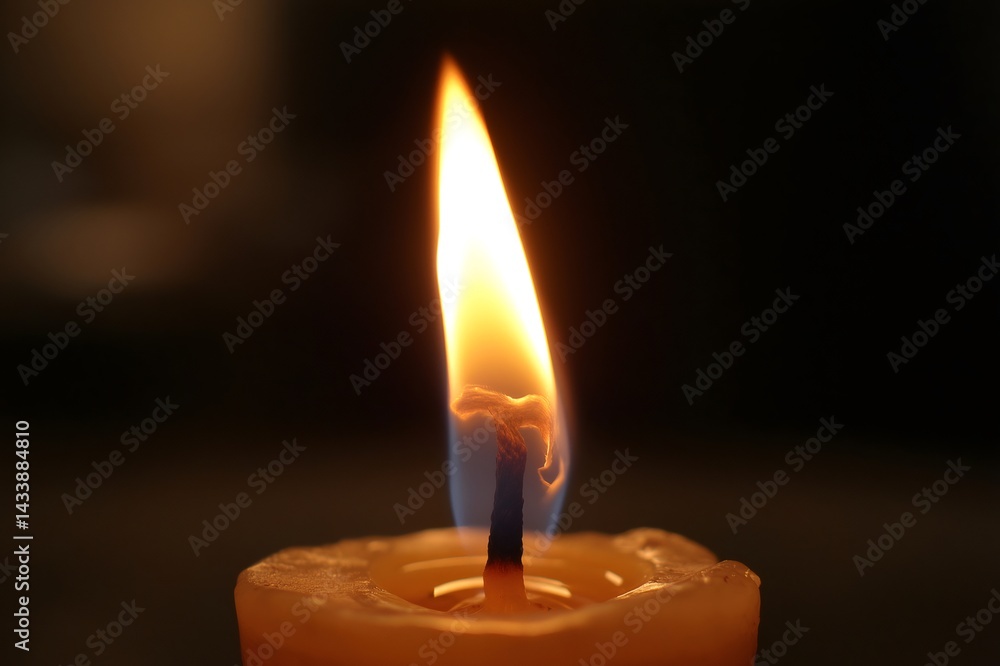 Poster close up of a candle flame flickering gently, creating a warm and inviting glow in the surrounding d