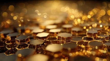 Abstract golden hexagons with bokeh lights, luxury and wealth concept. Perfect for finance, technology, and premium product visuals.
