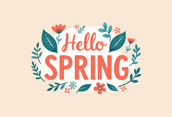 Hello Spring Floral Illustration on Beige Background