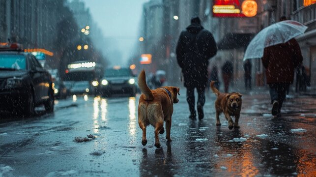 Dog in the middle of the city crowd