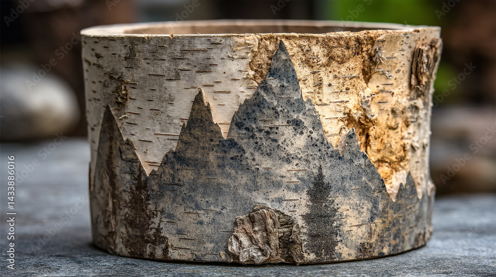 Poster unique birch bark container with mountain design rustic craftsmanship pot on transparent background