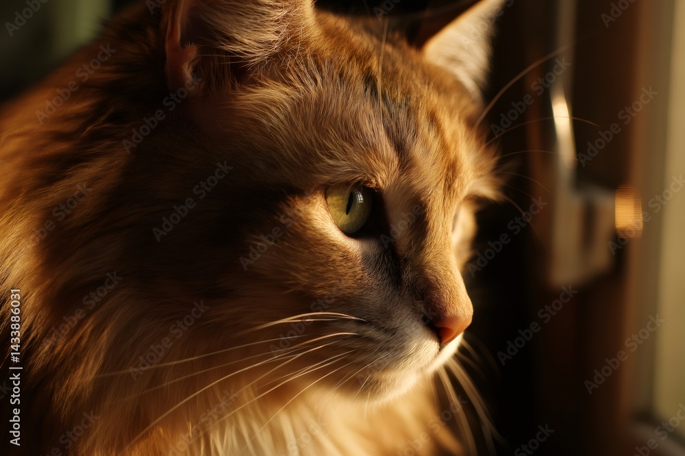 Aufkleber close up of a ginger cat illuminated by golden sunlight, creating a warm and inviting atmosphere