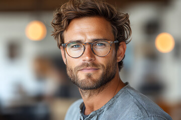 Confident young man with glasses, smiling in a modern cafe environment, showcasing a relaxed and stylish lifestyle.
