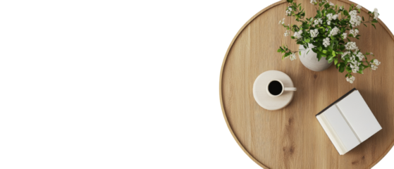 Elevated composition showcasing a serene arrangement of coffee, flowers, and a book on wood table