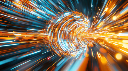 Dynamic light trails swirl in a vortex of vibrant colors, creating a mesmerizing effect that symbolizes motion and innovation.