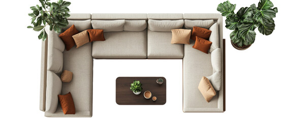Elegant Interior Design: Top View of a Cozy Lounge Area with Plush Beige Sofa, isolated transparent background