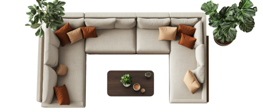 Elegant Interior Design: Top View of a Cozy Lounge Area with Plush Beige Sofa, isolated transparent background