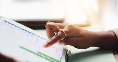 Graphs, screen and hands of person on tablet with statistics, online data and information. Business, professional and closeup of worker on digital tech for report, finance review and profit analytics