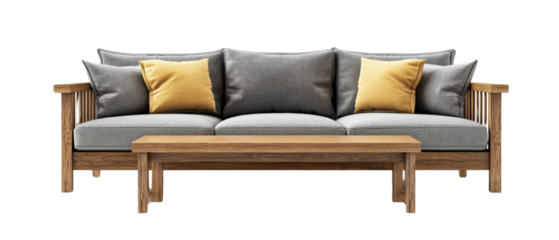 Elegant outdoor wooden furniture set with comfortable gray cushions and vibrant yellow accents