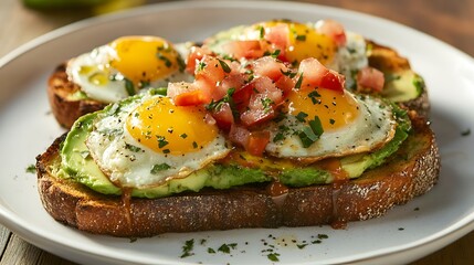 A delicious plate of avocado toast topped with fresh ingredients, perfect for a healthy breakfast or brunch option.
