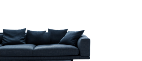 Sophisticated deep blue modern sofa with plush cushions against a clear setting