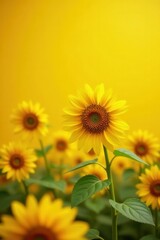Obraz premium Sunflowers in focus, intense yellow hues, bright yellow background , photography, closeup