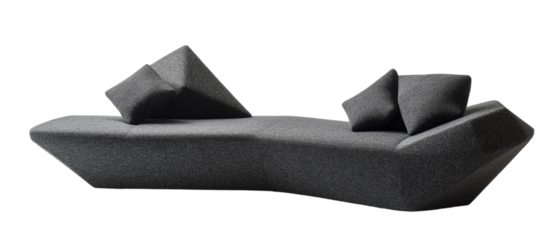 Sleek polygonal sofa with gray textured upholstery and geometric cushions on transparent field