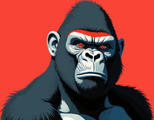 Fototapeta premium Intense gorilla with red eyes on red background