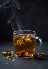Fragrant floral tea with smoke for healthy lifestyle. Alternative herbal medicine in glass cup on dark backdrop for recipe book about organic balanced diet.