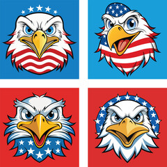 Patriotic Eagle Cartoon Character Set American Flag Theme Vector Illustration