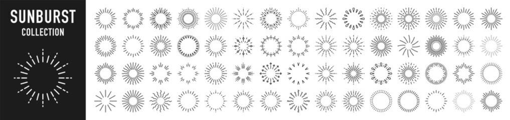 Starburst set. Sparkle sunburst rays. Star, firework explosion, sun beams, black lines, surprise, outline, confetti, decorative, retro style. Art design elements. Vintage sunburst.