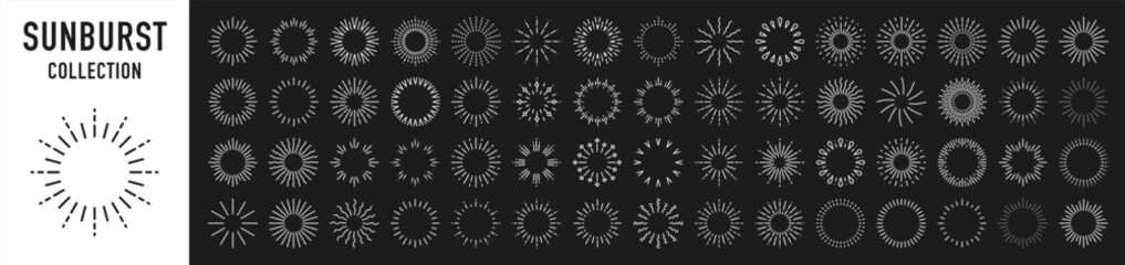 Starburst set. Sparkle sunburst rays. Star, firework explosion, sun beams, black lines, surprise, outline, confetti, decorative, retro style. Art design elements. Vintage sunburst.