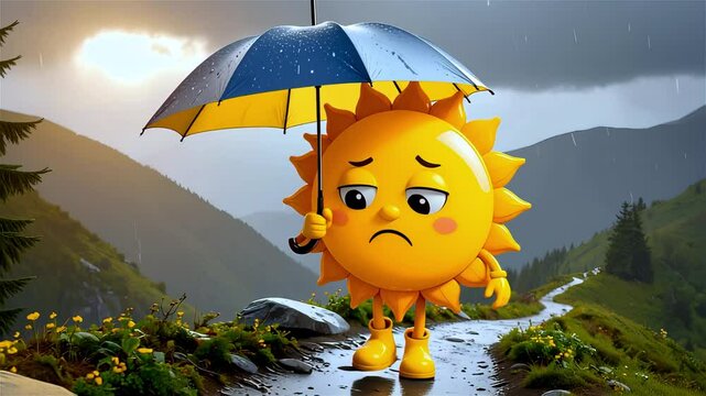 A sad cartoon sun walks along a mountain path with an umbrella on a rainy day. The scene is sad and gloomy.concept of bad weather and rain.