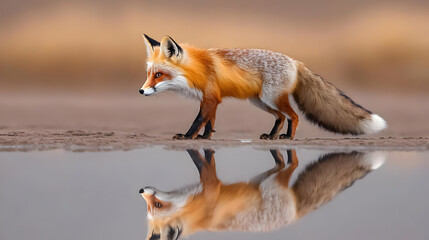 Fototapeta premium Red Fox Reflecting in Puddle