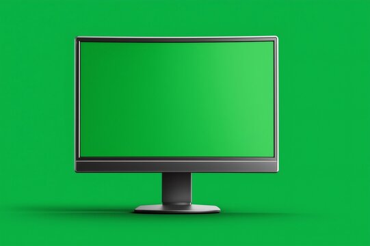 Modern desktop monitor displaying a vibrant green screen, perfect for chroma keying against a green background in video editing projects