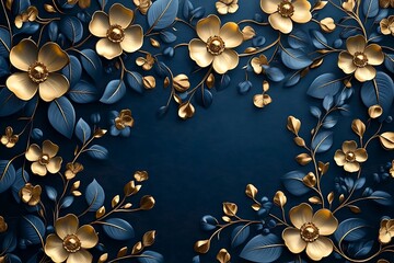 Elegant floral background with golden flowers and blue leaves in a luxurious style